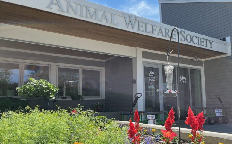Animal Welfare Society Adoption Center entrance with flower beds