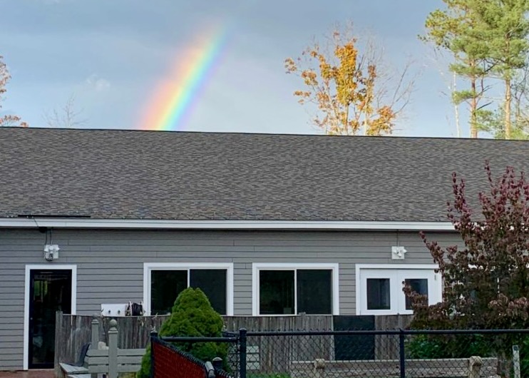 gray AWS building with a rainbow in the sky behind honoring the loss of a pet