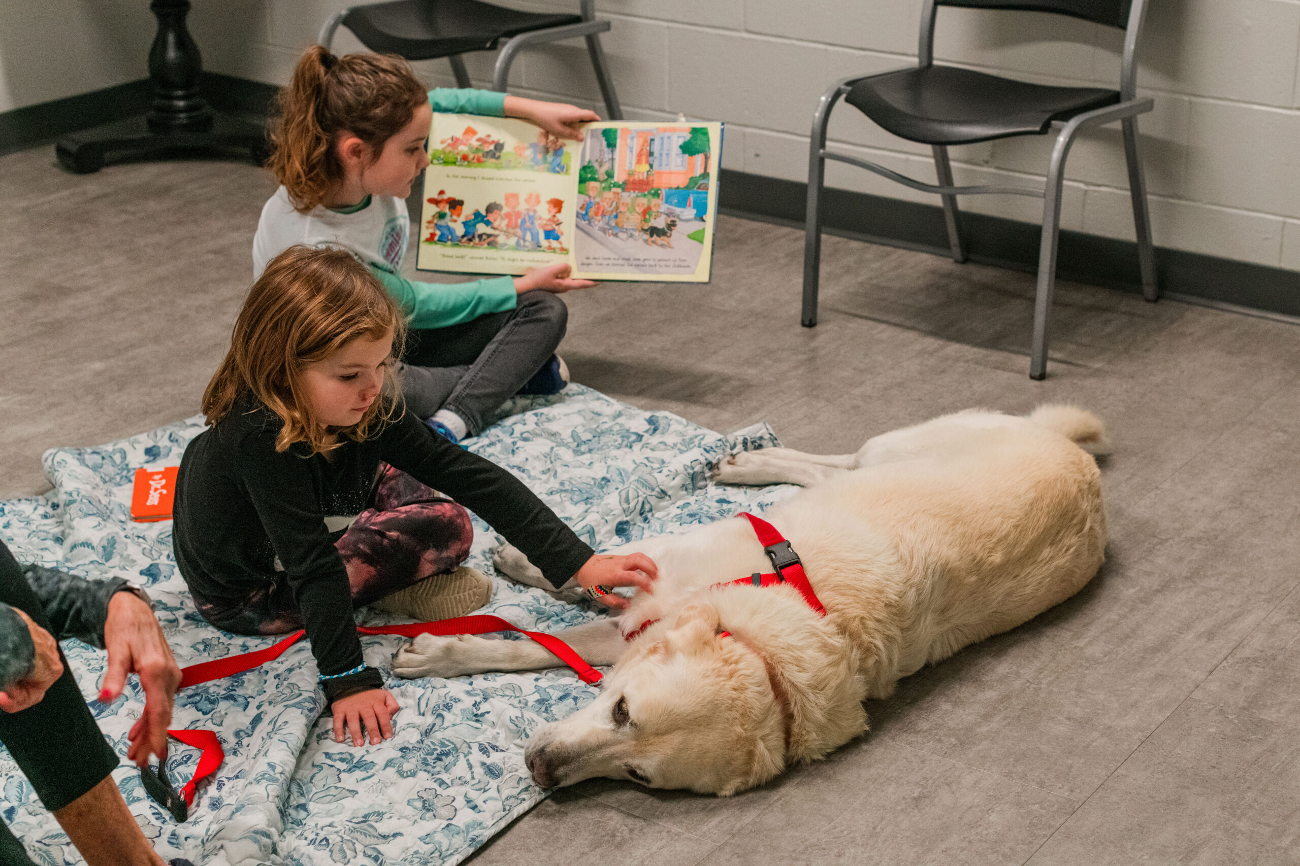 children read and interact with yellow dog sitting on a blanket