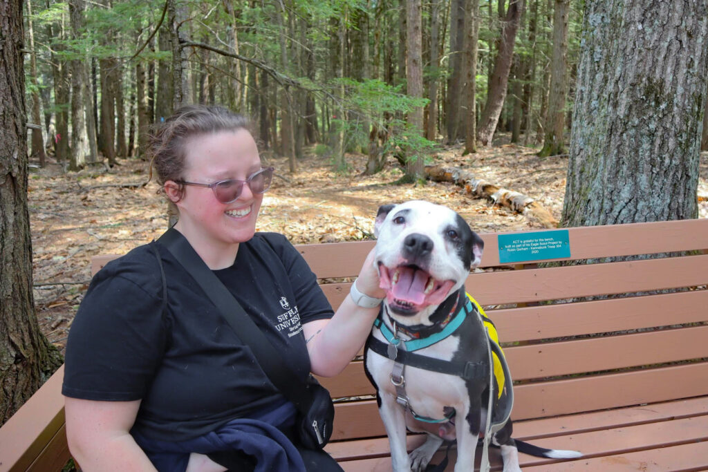 woman in black shirt sits on a bench with a black and white dog in front of a forest