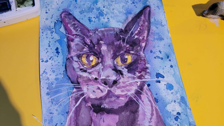 A watercolor painting of a purple cat with yellow eyes.