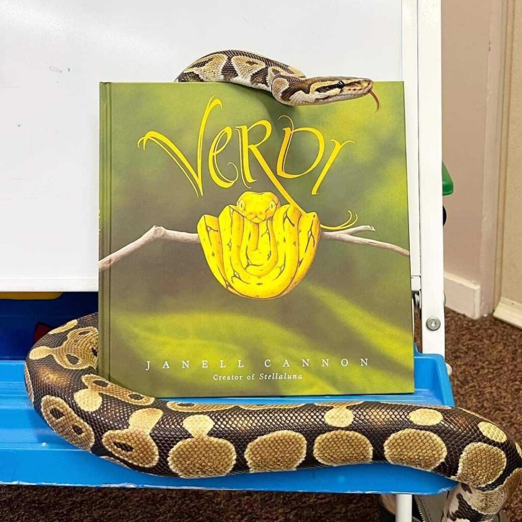 A snake wraps around a children's book about snakes during Furry Tales Story Hour.